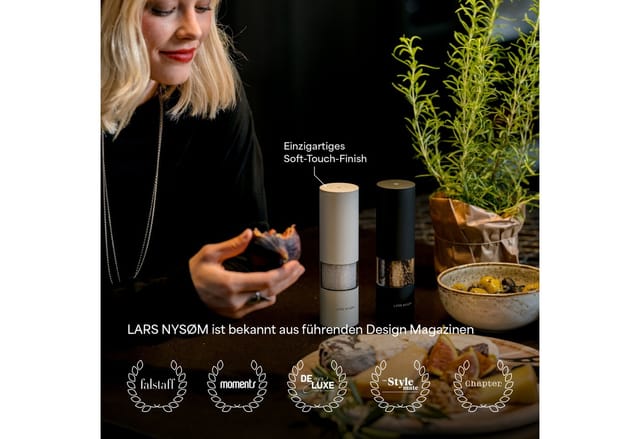 LARS NYSØM Gewürzmühle Stød praktische Einhandbedienung per Drucktaste, (2 Stück), elektrische Salz- & Pfeffermühle mit eingebautem LED-Licht