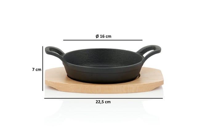 BBQ-Toro Servierpfanne Gusseisen Servierpfännchen mit Holzunterlage (2 Stück), Ø 16, Gusseisen