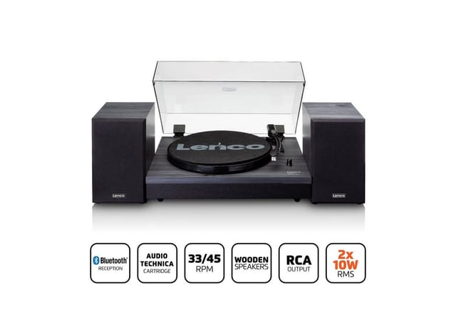 Lenco LS-301BK Plattenspieler (Riemenantrieb, Bluetooth, Bluetooth, 33/45 U/min, Cinch-Connect & externe Holzlautsprecher)