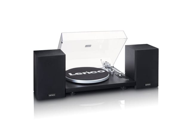 Lenco LS-500BK Plattenspieler (Riemenantrieb, Bluetooth, 60W RMS externe Holzlautsprecher, 33/45 U/min und Bluetooth Streaming)