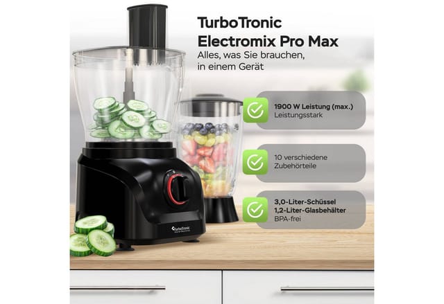 TurboTronic by Z-Line Küchenmaschine Food Processor mit Standmixer 1,5L Glaskaraffe Multizerkleinerer Mixer, 1900 W, 3 l Schüssel, Raspelscheiben Zitruspresse Zerkleinerer Eiscrusher Power