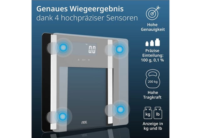 ADE Körper-Analyse-Waage Digitale Körperfettwaage "Ines" bis 200 kg, präzise Körperwaage, Testsieger Stiftung Warentest Ausgabe 10/2024