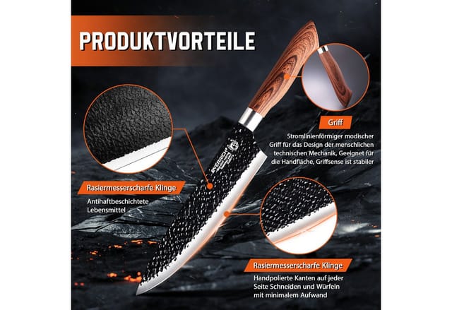 HT Messer-Set Traditionelles Handschmiedehandwerk Messerset 6 teilig (Kochmesser Fleischmesser Schälmesser Allzweckmesser), Hochwertigem Carbon Stahl Scharf Messerset für die Küche