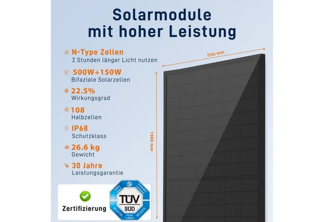 SolarMars Solarmodul 450/500/900/1000Bifazial Glas Solarpanel für Balkonkraftwerke, (PV Modul, 1-St)