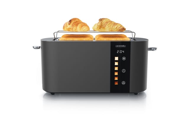 Arendo Toaster Edelstahl, Langschlitz, Touch Display, Restzeit & Bräunungsgradanzeige, 2 lange Schlitze, für 4 Scheiben, 1500 W, Brötchenaufsatz, Wärmeisoliert, Toast-Symbole für Bräunungsgradauswahl