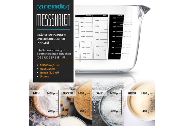 Arendo Messbecher 2000 ml Glas Messkrug Set, Borosilikatglas, hitzebeständig, Glas, 2 l, präzise Skala, hitzebeständig, mikrowellengeeignet, Küchenhelfer