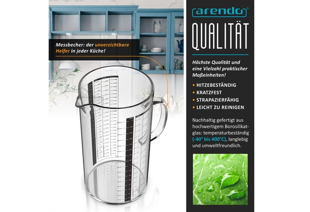 Arendo Messbecher 2 l Glas Messkrug Set, Borosilikatglas, hitzebeständig, Küchenbehälter, Glas, präzise Skala, hitzebeständig, mikrowellengeeignet, 2000 ml