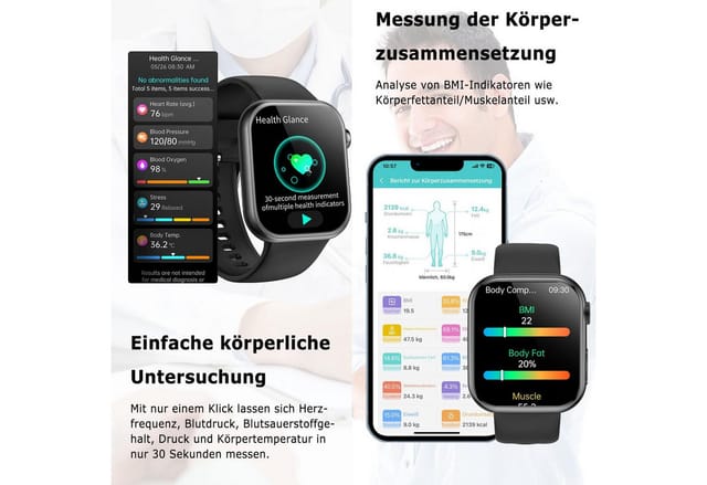 SWGOTA Smartwatch Damen Herren ʙʟᴜᴛᴢᴜᴄᴋᴇʀ/EKG+PPG/Blutdruck/BMI-Überwachung Smartwatch, 2026 NEW Fitnessuhr mit Herzfrequenz-/SpO2-/Schlafüberwachungsfunktion