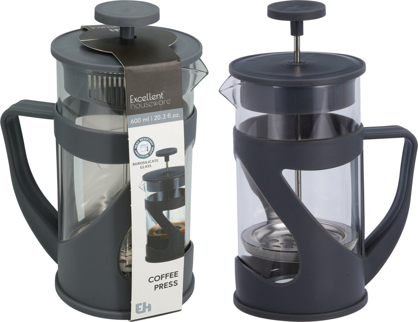 Koopman Kaffeebereiter Kaffeepresse French Press Kaffeekanne Glaskanne 19x9cm 600ml, 0,6l Kaffeekanne, Glas, handlich, Kunststoff, Ziehkaffee, Kaffee