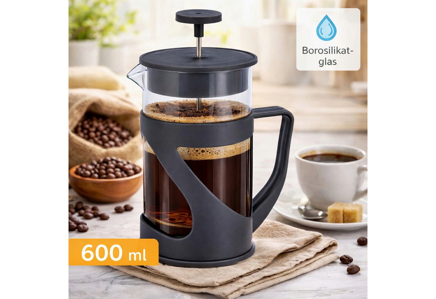 Koopman Kaffeebereiter Kaffeepresse French Press Kaffeekanne Glaskanne 19x9cm 600ml, 0,6l Kaffeekanne, Glas, handlich, Kunststoff, Ziehkaffee, Kaffee Bild 2