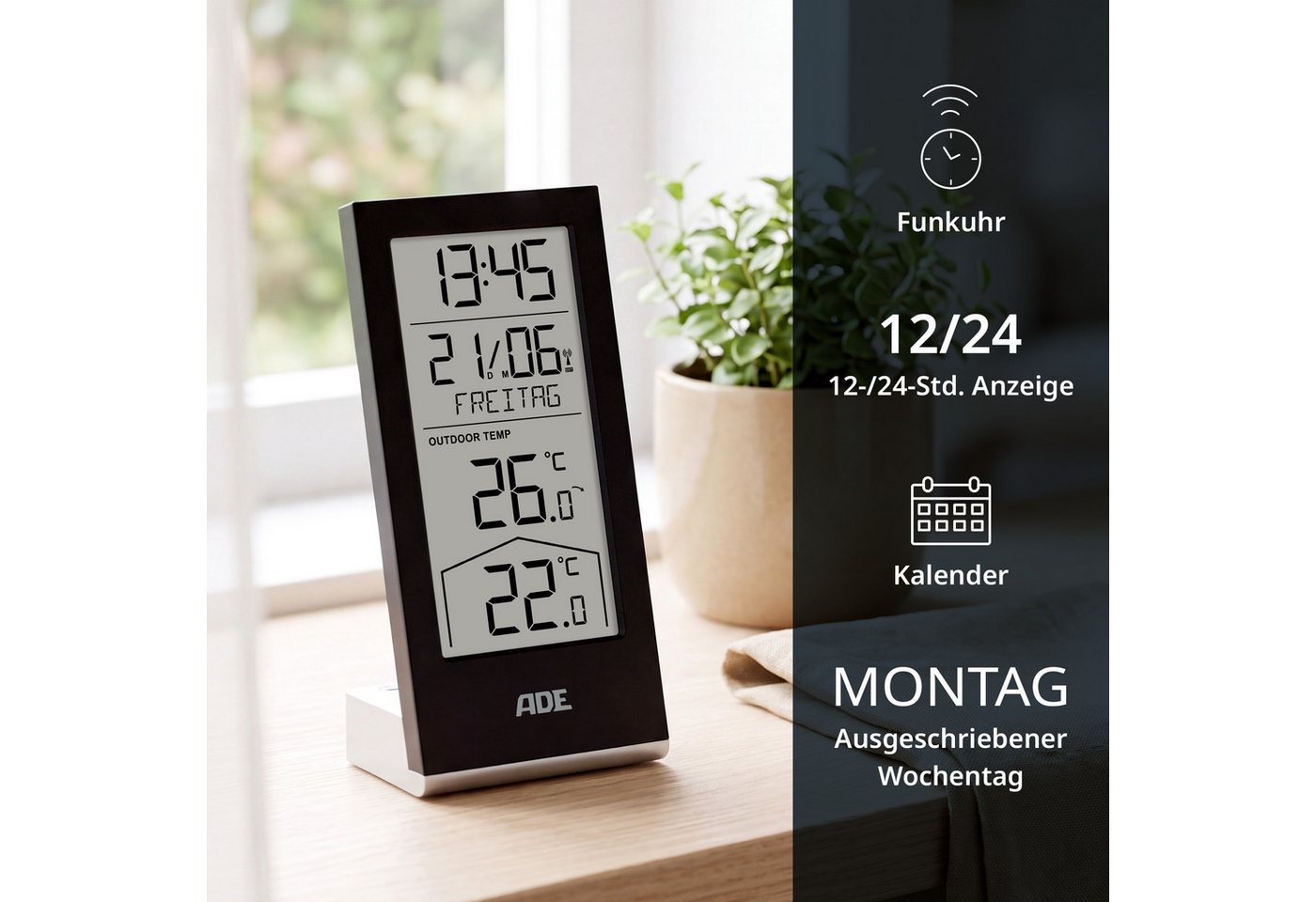 ADE Raumthermometer funk mit Außensensor, Uhrzeit, ausgeschriebener Wochentag, inkl. 4 AAA Batterien, Kalender, Temperaturtrendanzeige