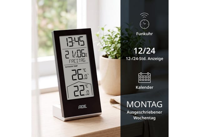 ADE Raumthermometer funk mit Außensensor, Uhrzeit, ausgeschriebener Wochentag, inkl. 4 AAA Batterien, Kalender, Temperaturtrendanzeige