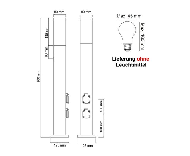 G&L Gartensteckdose LED Pollerleuchte IP44 Gartenstehlampe, Wegeleuchte mit E27-Fassung, Edelstahl Außenleuchte Stehleuchte, mit 2 Steckdosen, Leuchtmittel nicht inklusive