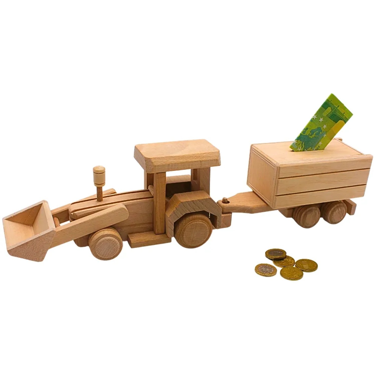 Dekohelden24 Dekorative Fahrbare Holz Spardose Sparbüchse als Bagger Baggersparbüchse mit Hänger aus Buchenholz zum Gestalten L/B/H 42 x 8 x 12 cm