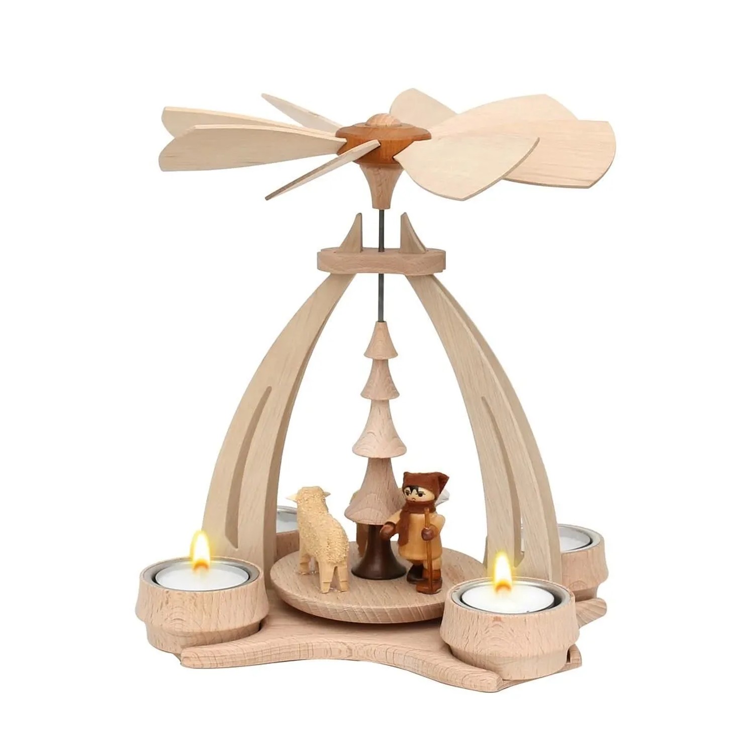 Dekohelden24 Weihnachtspyramide Teelichtpyramide Drehturm Pyramide in Natur aus Buchenholz für 3 Teelichte L/B/H 18 x 14 x 24 cm Motiv Futterkrippe