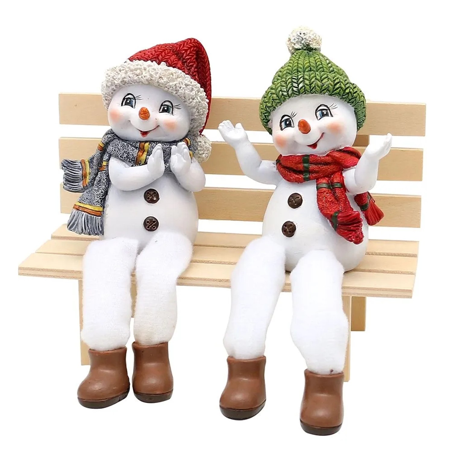 Dekohelden24 Schneemanndeko Schneemänner Schneekinder als Kantensitzer mit Mütze und Schal in Rot Grün im 2er Set L/B/H 8 x 5 x 17 cm