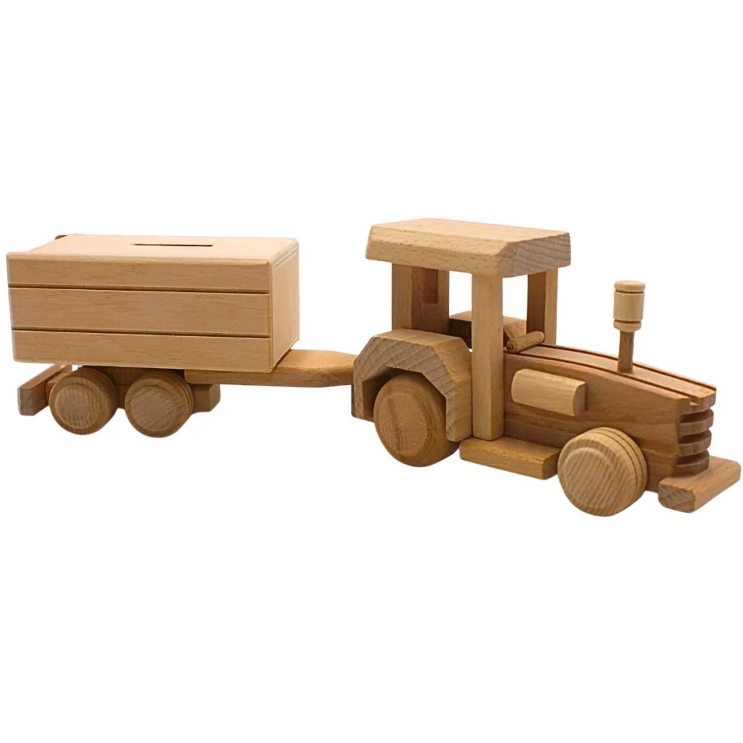 Dekohelden24 Dekorative Fahrbare Holz Spardose Sparbüchse als Traktor Trecker Spardose Spartraktor aus Buchenholz zum Gestalten L/B/H 36 x 8 x 12 cm