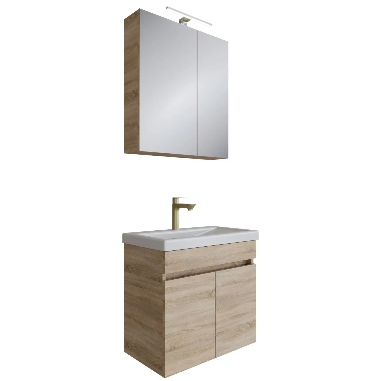 Planetmöbel Badmöbel Set 63 cm Sonoma Eiche mit Keramikwaschbecken LED Spiegelschrank Soft Close
