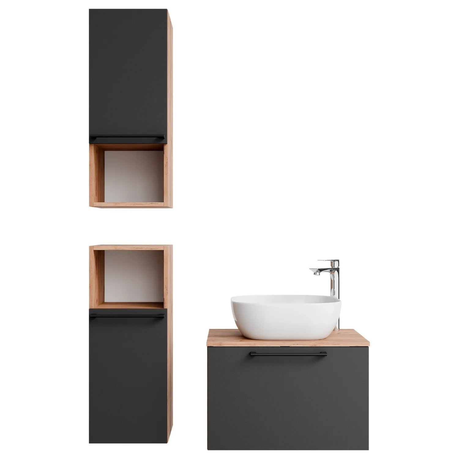 Planetmöbel ASTRA Badmöbel Set 60 cm mit Aufsatzwaschbecken 42,5 cm Weiß 2 Midischränke Soft Close