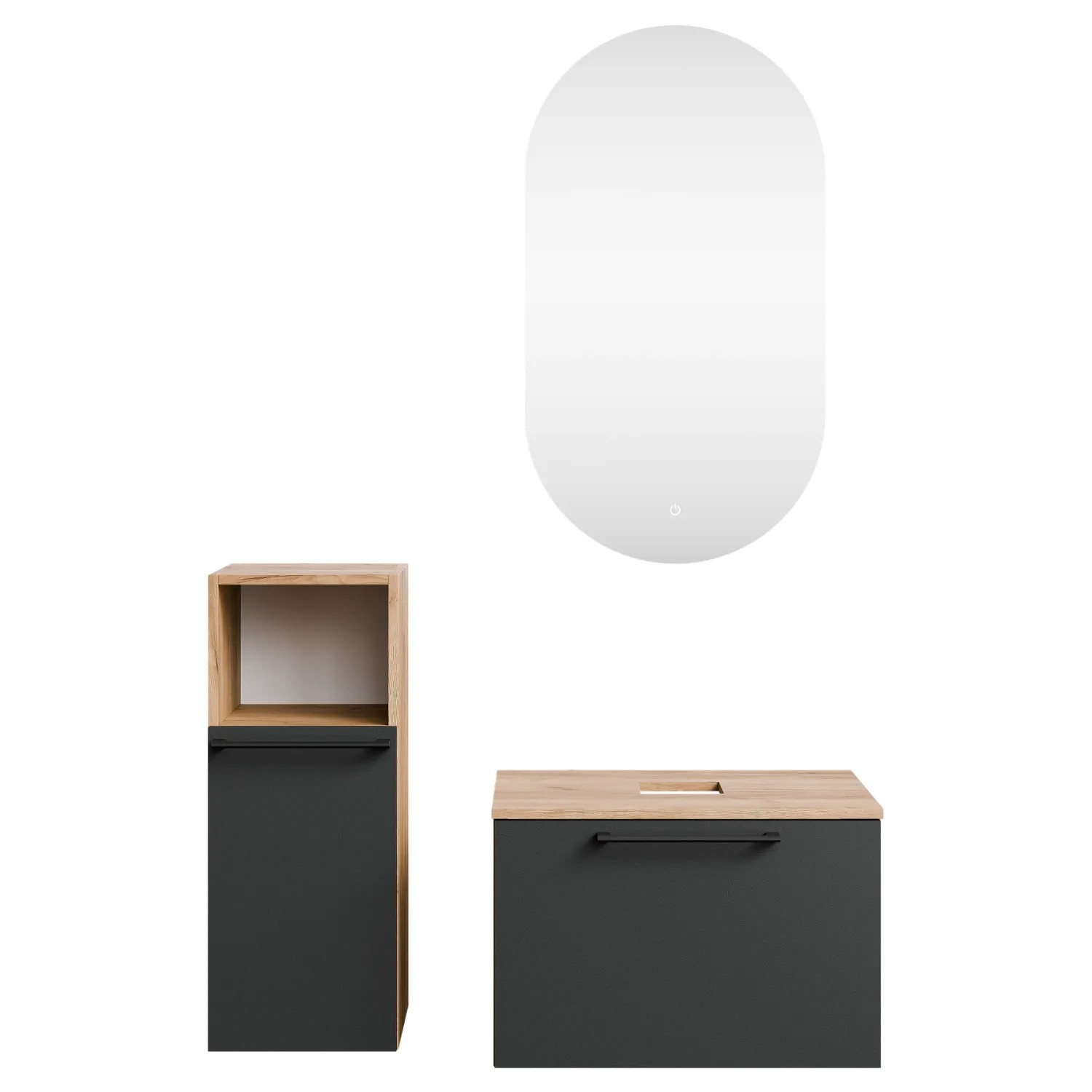 Planetmöbel ASTRA Badmöbel Set 60 cm ohne Waschbecken LED Spiegel Midischrank Soft Close