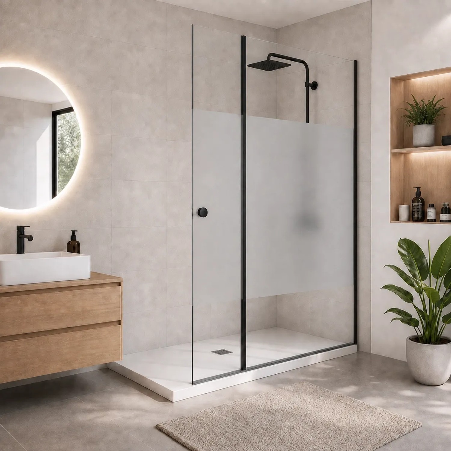 Onbath's Duschwand aus Glas 50+70 cm mit Schwenkbarem Spritzschutz 6 mm, Schwarz
