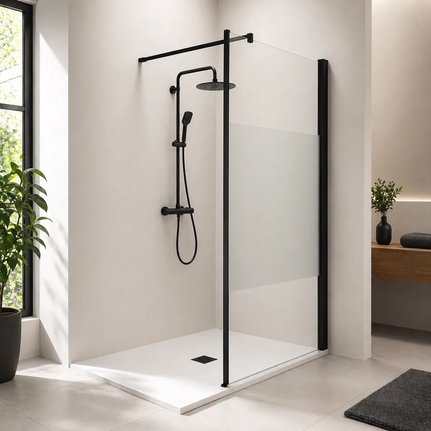 Onbath's Duschwand aus Glas 40x195 cm WalkIn, 6 mm Sicherheitsglas, Antikalk, Schwarz