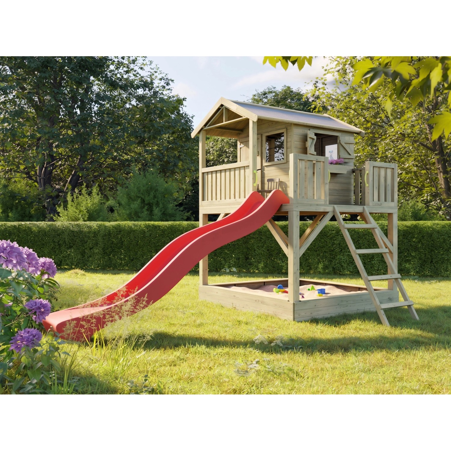 Prestige Garden Stelzenhaus Funny XXL mit Sandkasten KDI Inklusive Rutsche Rot