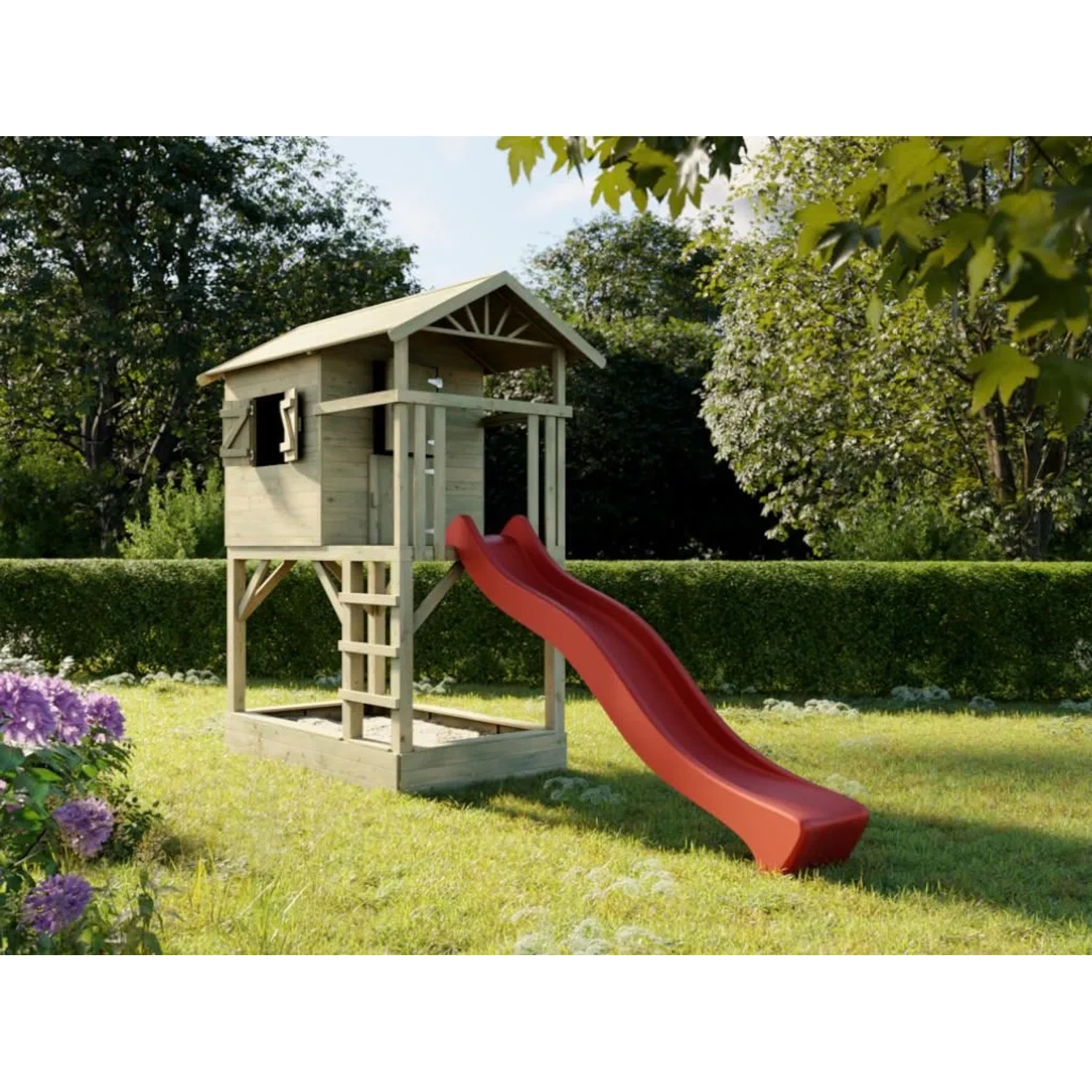 Prestige Garden Stelzenhaus Tree Hut mit Sandkasten KDI Inklusive Rutsche Rot
