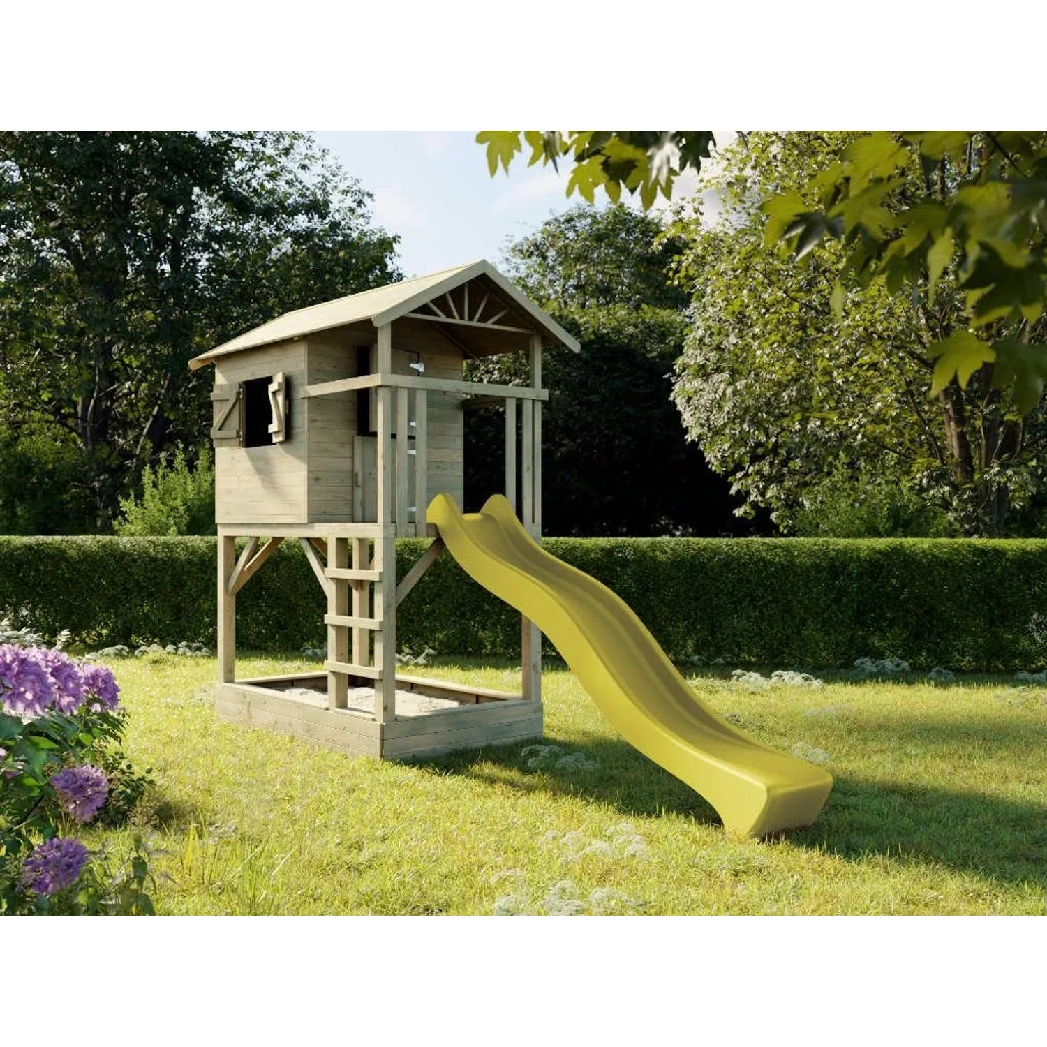 Prestige Garden Stelzenhaus Tree Hut mit Sandkasten KDI Inklusive Rutsche Gelb