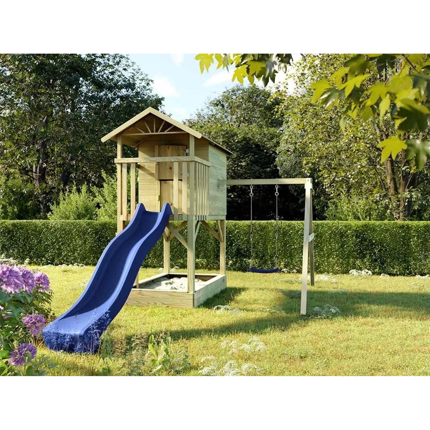 Prestige Garden Stelzenhaus Tree Hut mit Sandkasten KDI Inklusive Einzelschaukel und Rutsche Blau