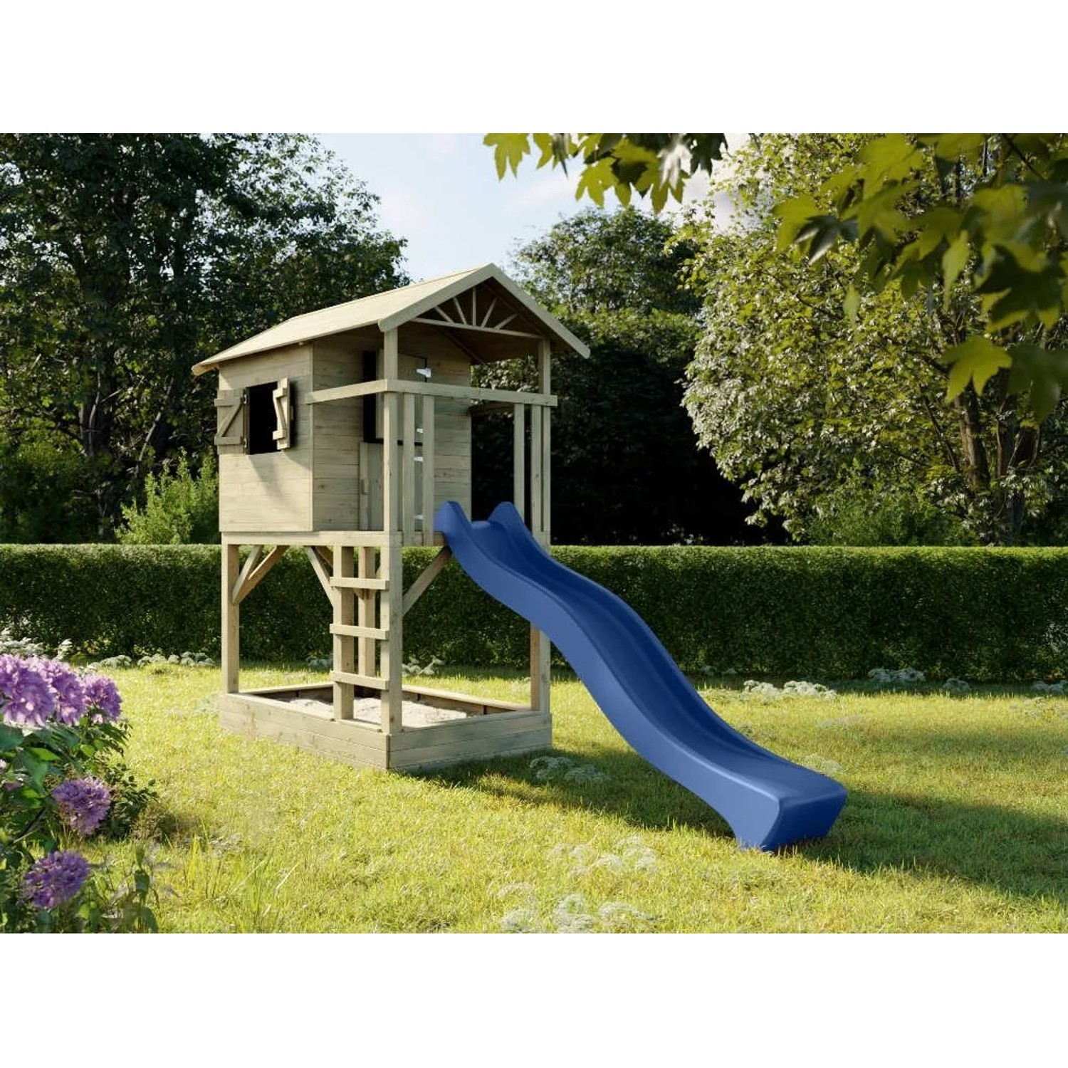 Prestige Garden Stelzenhaus Tree Hut mit Sandkasten KDI Inklusive Rutsche Blau