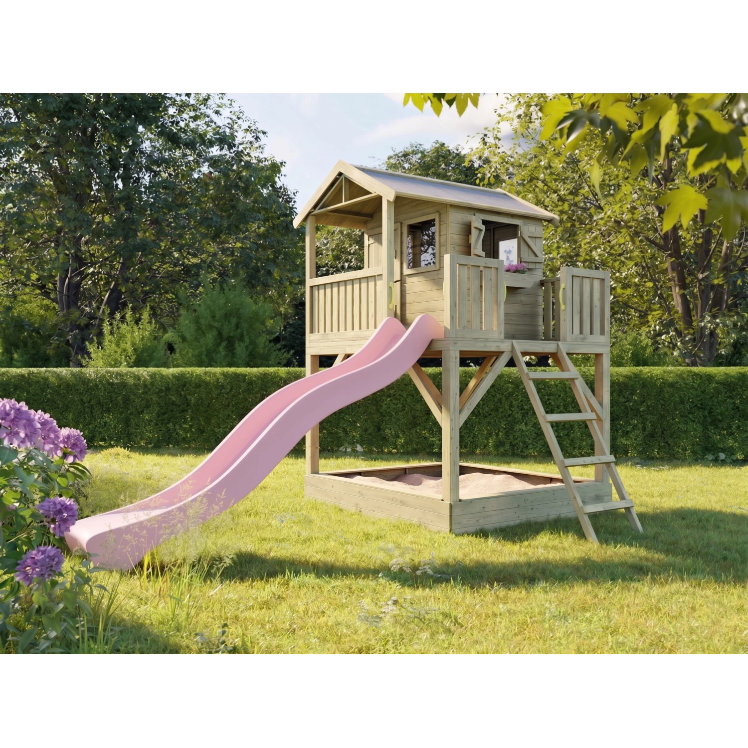 Prestige Garden Stelzenhaus Funny XXL mit Sandkasten KDI Inklusive Rutsche Pastellrosa
