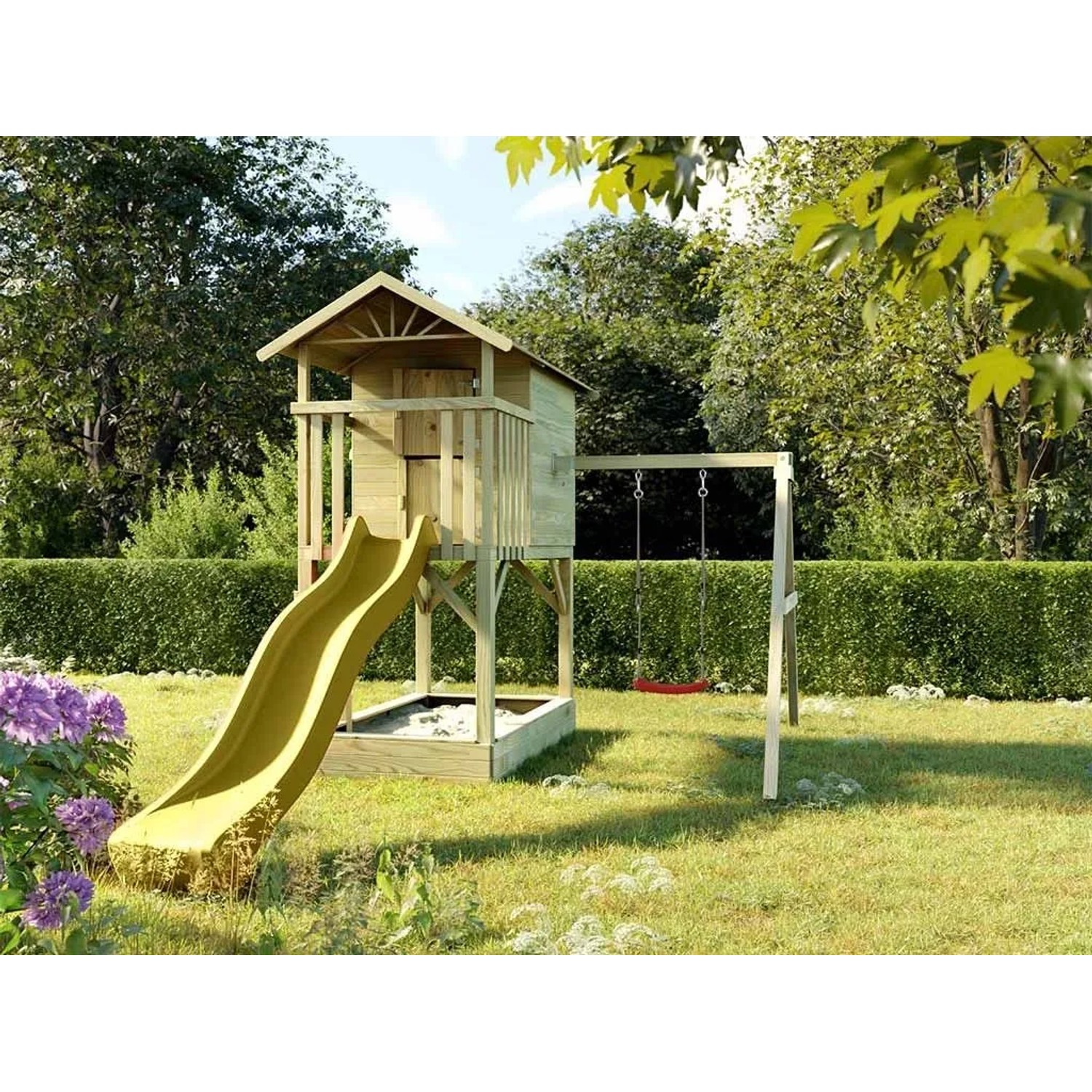Prestige Garden Stelzenhaus Tree Hut mit Sandkasten KDI Inklusive Einzelschaukel und Rutsche Gelb