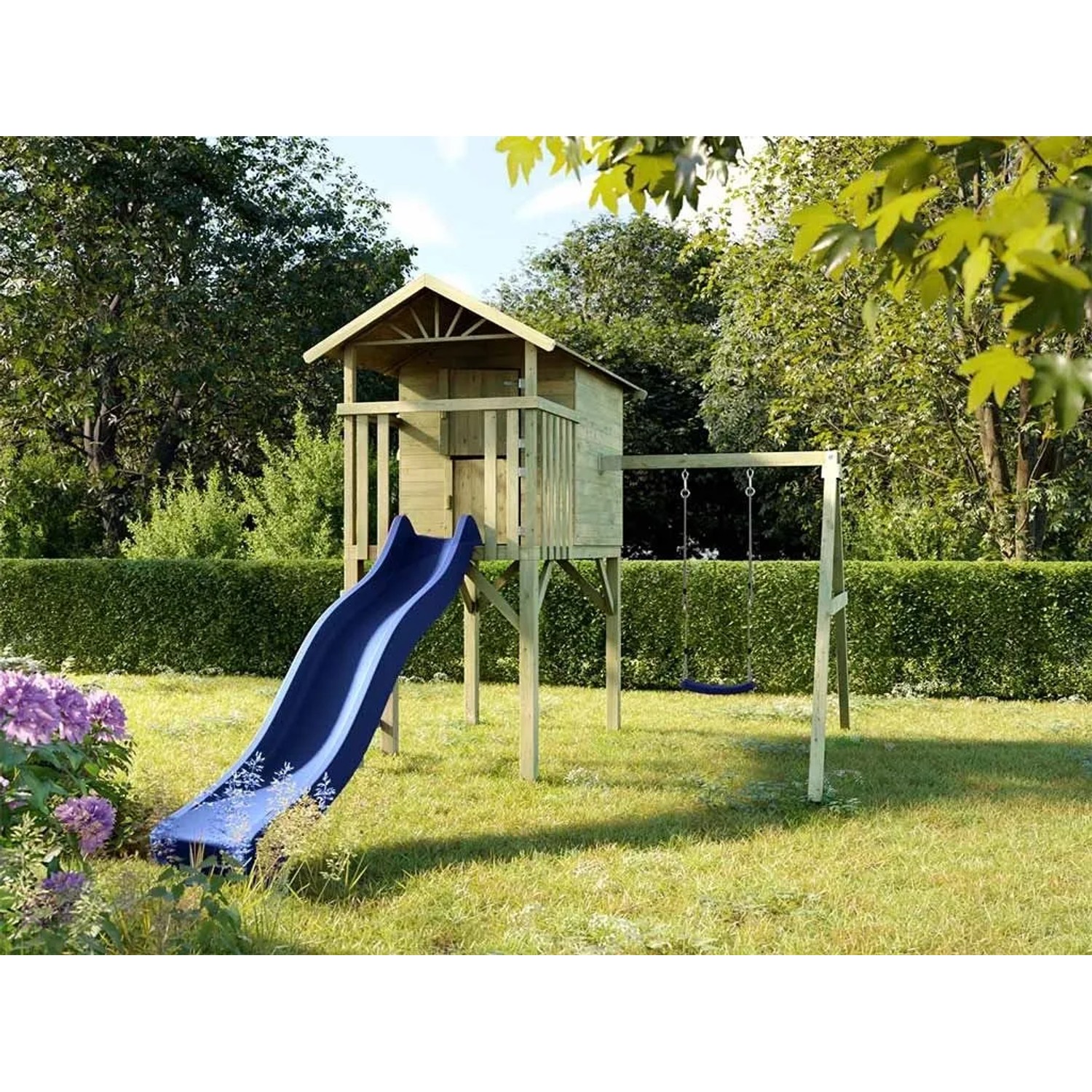 Prestige Garden Stelzenhaus Tree Hut KDI Inklusive Einzelschaukel und Rutsche Blau