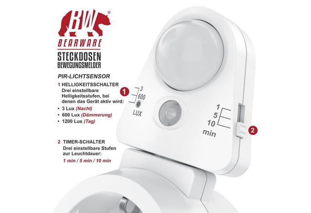 BEARWARE Steckdose Bewegungsmelder mit Timer, Lichtsensor, Infrarotsensor Bewegungssensor, 1-St., Sensoreinheit 180° drehbar, 1, 5, 10 Minuten, 10A, 2300 W