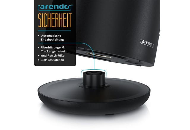 Arendo Wasserkocher aus Edelstahl, Doppelwand-Design, 360° Controller, schwarz matt, 1,5 l, 2000 W, Teekocher, Überhitzungs- und Trockengehschutz, BPA-frei