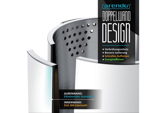 Arendo Wasserkocher aus Edelstahl, Doppelwand-Design, 360° Controller, weiß matt, 1,5 l, 2000 W, Teekocher, Überhitzungs- und Trockengehschutz, BPA-frei