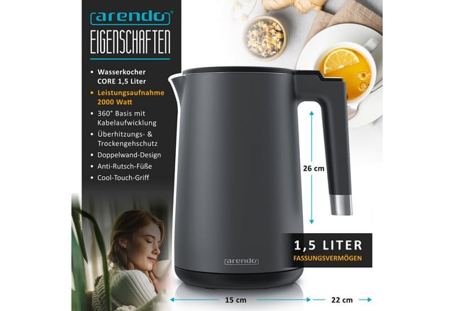 Arendo Wasserkocher aus Edelstahl, Doppelwand-Design, 360° Controller, Cool Grey Matt, 1,5 l, 2000 W, Teekocher, Überhitzungs- und Trockengehschutz, BPA-frei