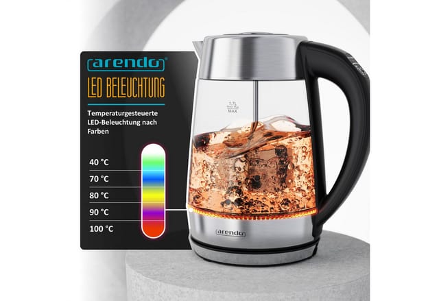 Arendo Wasserkocher Glas & Edelstahl 2in1 Teebereiter mit Teesieb & 5 Temperaturen, 1.7 l, 2200 W, Teekocher für losen Tee, 5 Stufen 40-100°C, LED-Licht & 2h Warmhalten