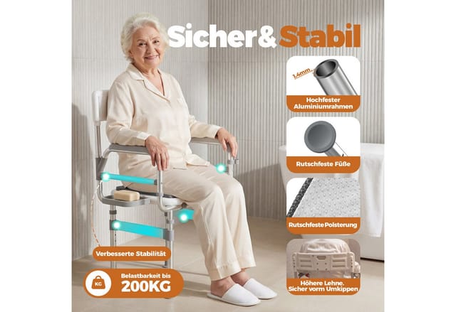 HOMECALL Duschstuhl Duschhocker faltbarer mit Sitzkissen Höhenverstellbarer-Aluminium, Duschhocker mit Armlehnen, Rückenlehne und Ablagebrett