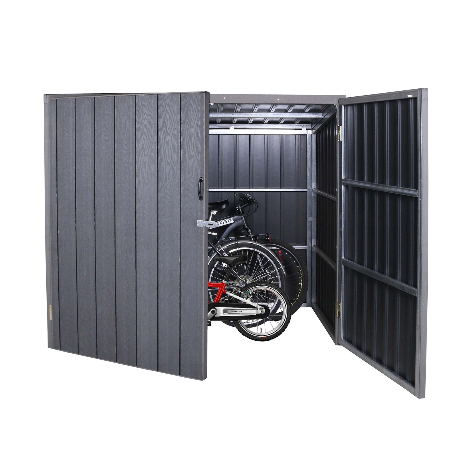 WPC-Fahrradgarage MCW-J29, Geräteschuppen Fahrradbox, Metall Holzoptik abschließbar ~ 4 Räder 172x213x160cm grau