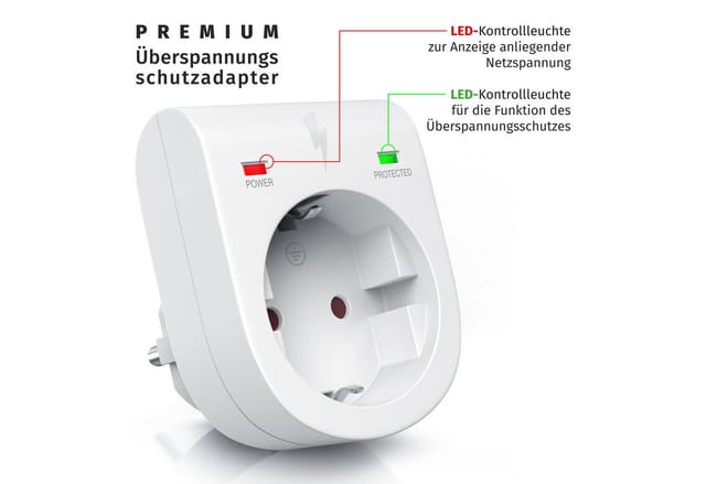 Arendo Steckdose Schuko Überspannungsschutzadapter, LED, Kindersicherung, 3500W, 2-St., IP20, integrierter Berührungsschutz, belastbar bis 16 A, LED-Anzeige