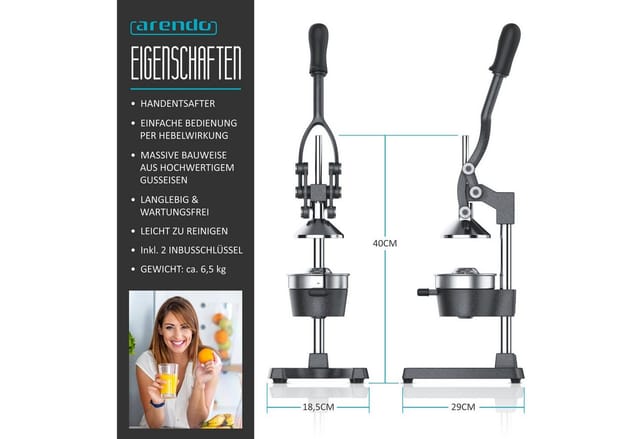 Arendo Obstpresse Edelstahl Handentsafter, mechanischer Entsafter, Orangenpresse, Edelstahl, Saftpresse, für Orangen Pampelmusen Zitrusfrüchte, massive Bauweise