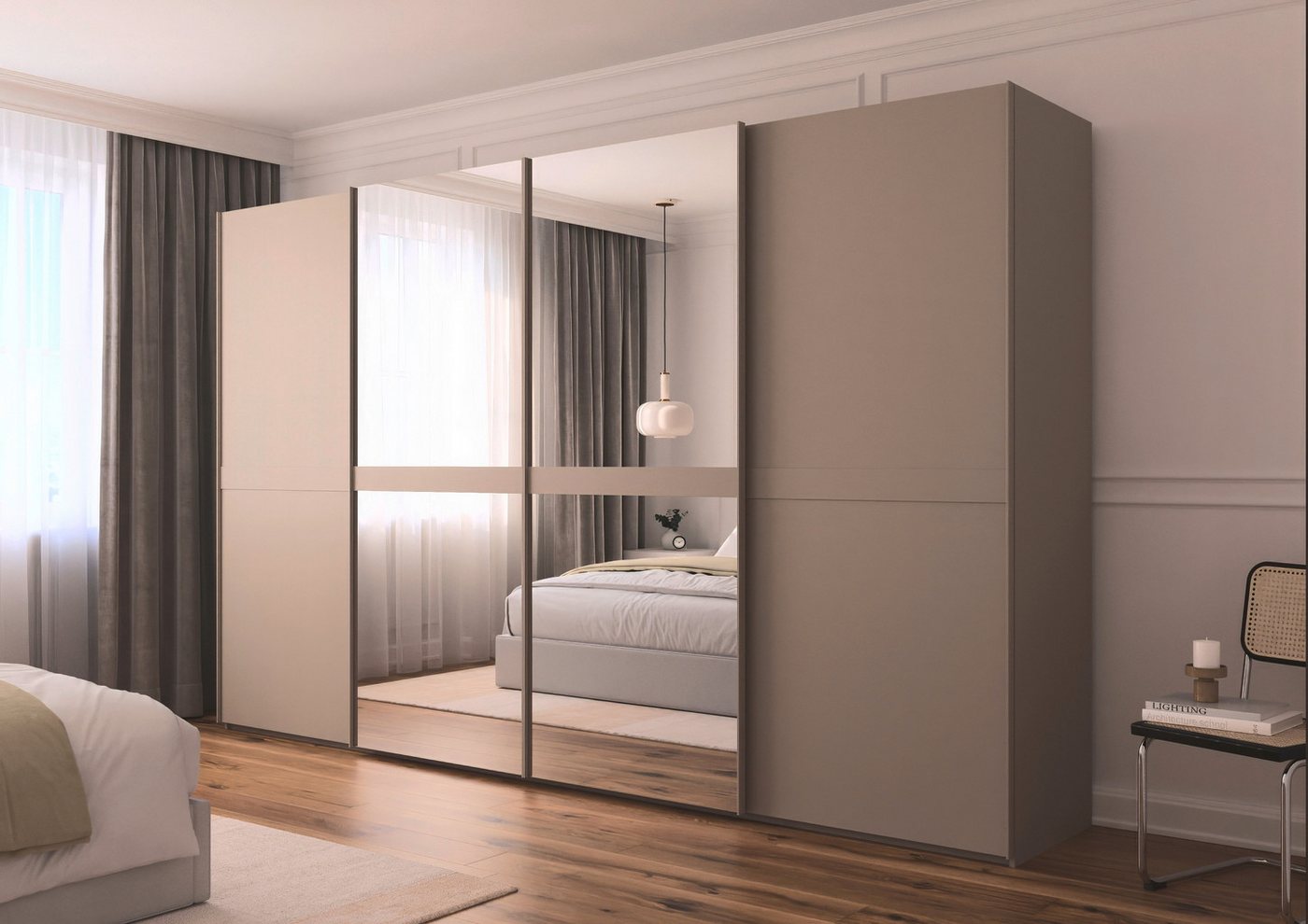 rauch Schwebetürenschrank Kleiderschrank Schrank Garderobe Schlafzimmerschrank SCALE-LINE edle Optik mit Bauchbinde in Korpusfarbe mit Spiegel MADE IN GERMANY