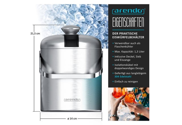 Arendo Eiseimer Edelstahl Eiswürfelbehälter mit Deckel, 1,3L, Eiseimer doppelwandig, Eiswürfelkühler, Eiskübel, mit Zange, Abtropffilter, Deckel, BPA frei