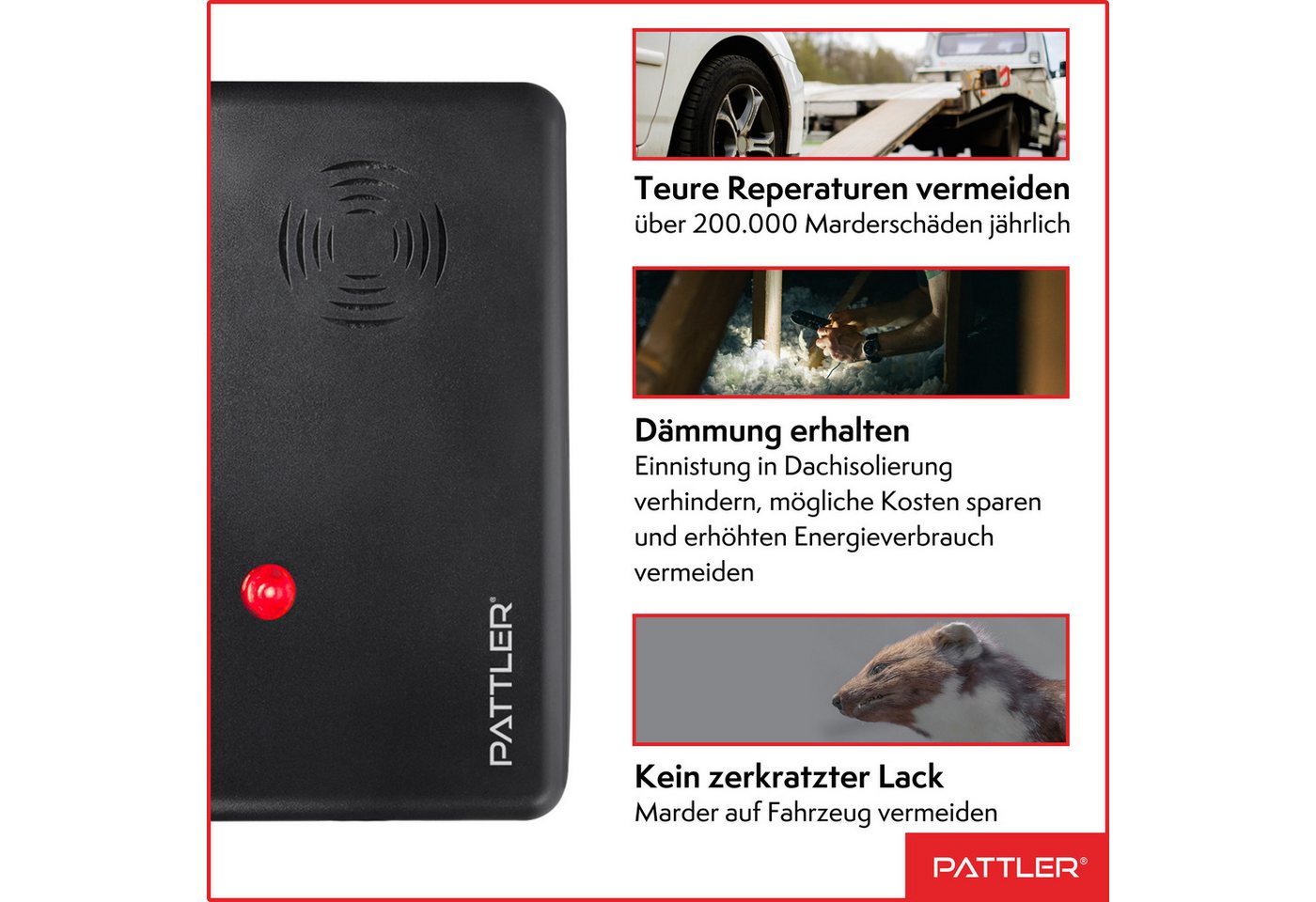 Pattler Ultraschall-Tierabwehr Marderschreck mit Hochfrequenztönen, 2 Geräte für ca. 120 m² Bild 2