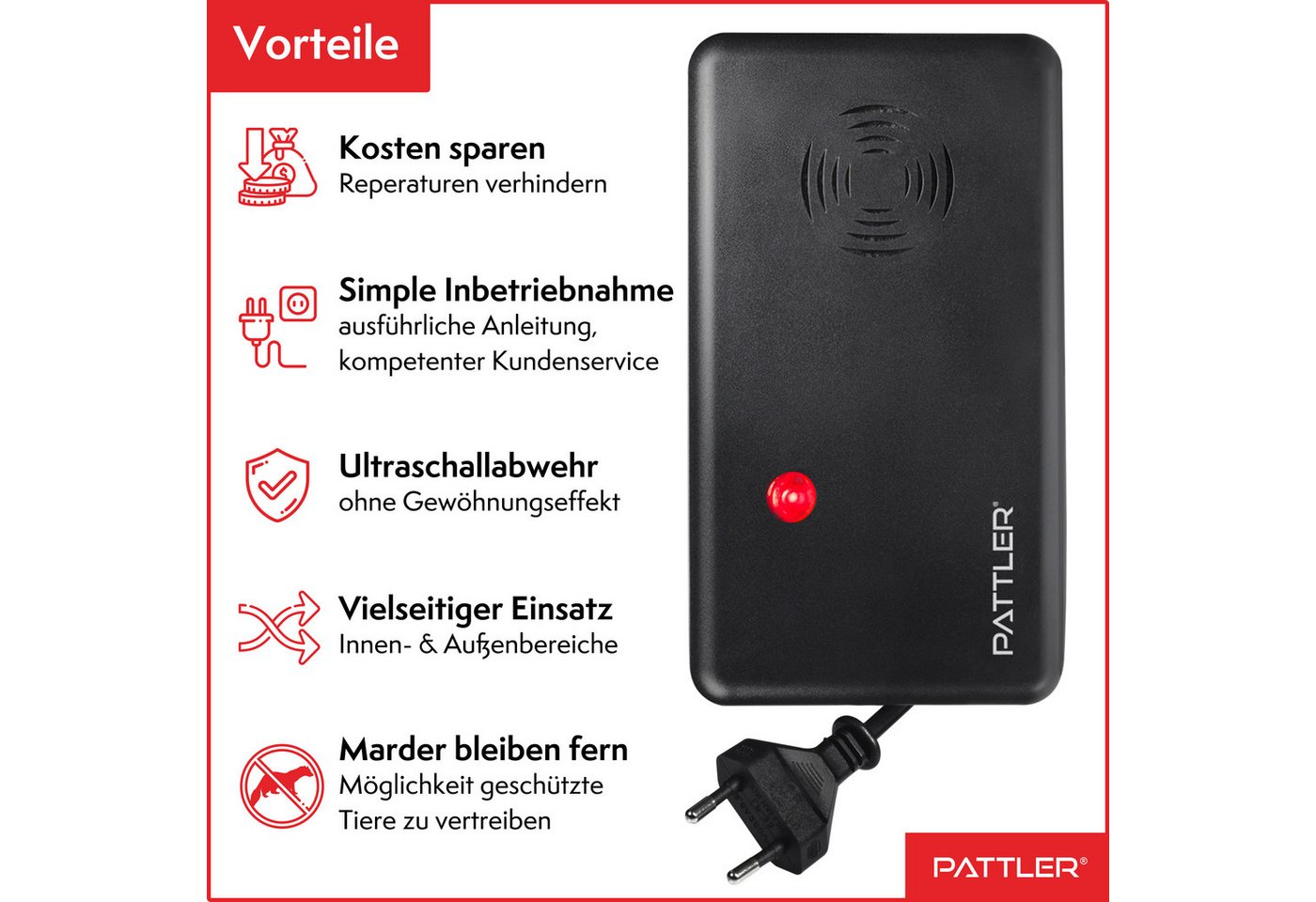Pattler Ultraschall-Tierabwehr Marderschreck mit Hochfrequenztönen, 2 Geräte für ca. 120 m² Bild 4