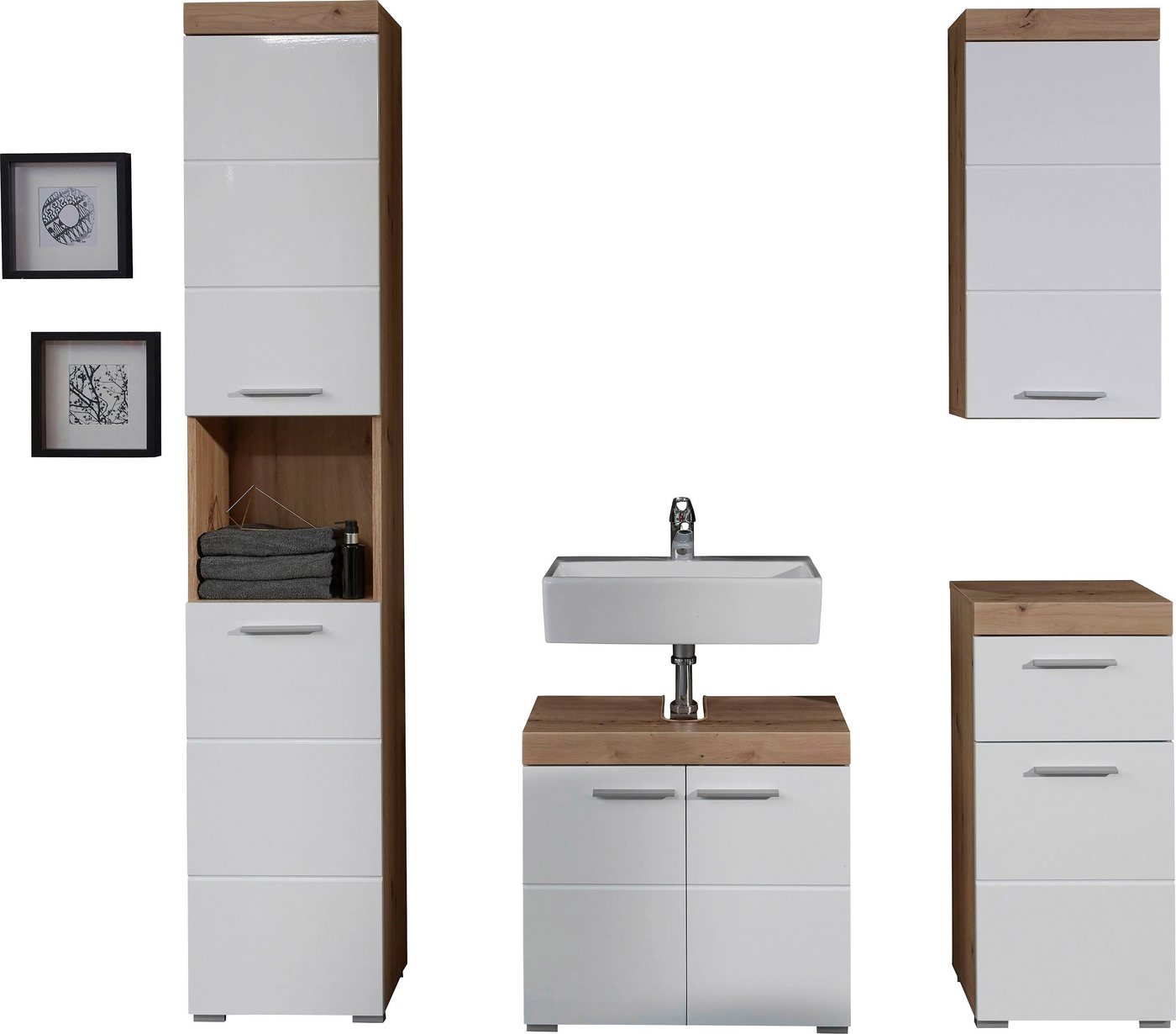 welltime Badmöbel-Set Avena, (Set, 4-St), Badmöbel - Hochschrank, Waschbeckenschrank, Hängeschrank und Kommode Bild 2