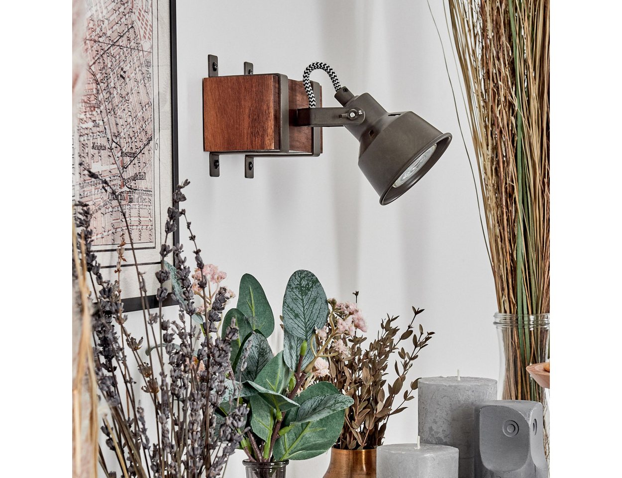 hofstein Wandleuchte Wandlampe aus Holz/Metall in Dunkelbraun/Stahlfarben, ohne Leuchtmittel, Leuchte im modernen Industrial Design mit verstellbarem Schirm, E27 Bild 2
