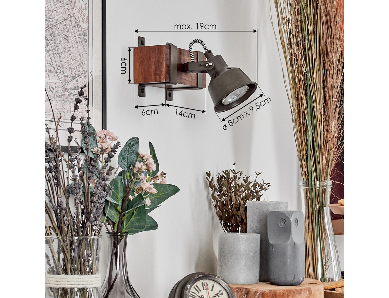 hofstein Wandleuchte Wandlampe aus Holz/Metall in Dunkelbraun/Stahlfarben, ohne Leuchtmittel, Leuchte im modernen Industrial Design mit verstellbarem Schirm, E27 Bild 4